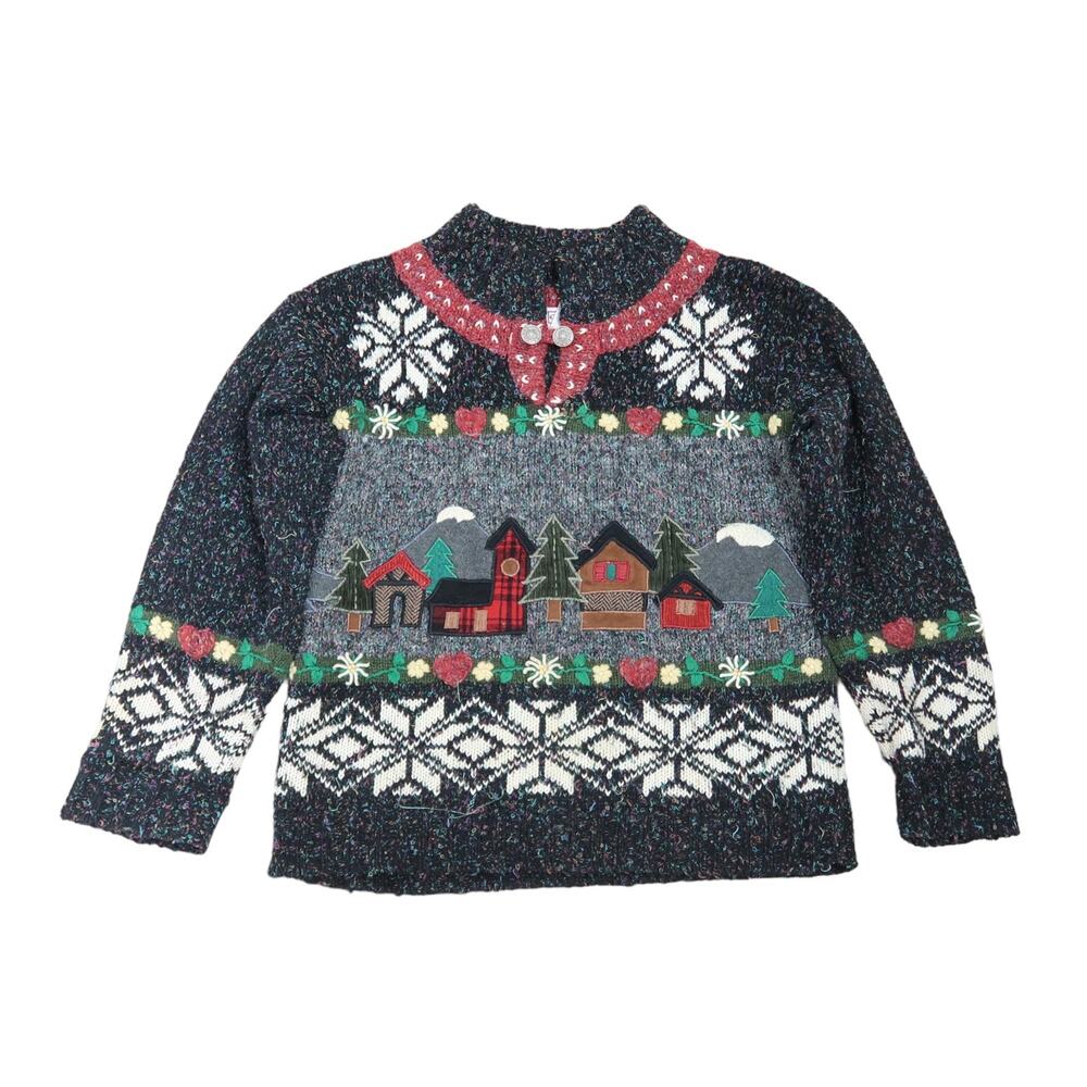 Vintage 90s PBJ Sport black speckled snowflake winter embroidered knit sweater S